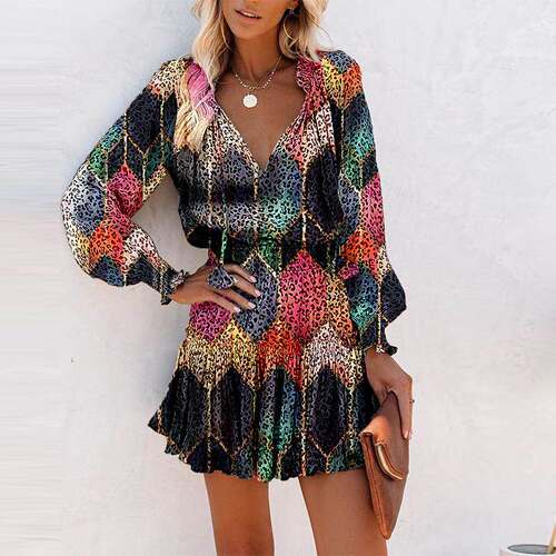Women V Neck Multicolor Leopard Pleated Dress彩色豹纹连衣裙