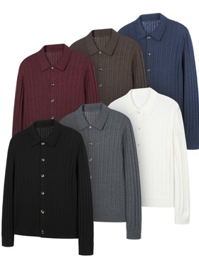 DESERTO 拉夫风细条纹纽花老钱风全棉长绒棉休闲纽扣毛衣开衫上衣