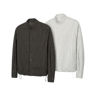 DESERTO 55%亚麻棉麻混纺老钱风条纹正肩立领衬衫可调节下摆男