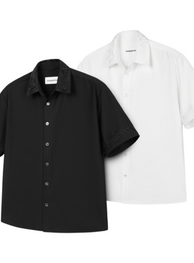 DESERTO 浮雕万针永生花刺绣花领基础短袖衬衫天然贝壳扣休闲衬衣