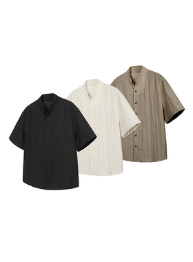 DESERTO 亚麻砂洗皱感肌理新中式立领休闲通勤短袖衬衫火烧果实扣