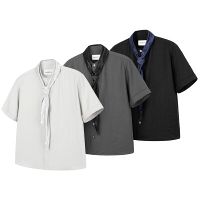 DESERTO 缎面丝巾领拼接仿铜氨干丝质感亨利领休闲夏季短袖衬衫男