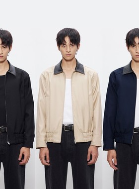 DESERTO 编织皮领拼接巴恩风格纹内衬合身收腰休闲夹克外套男