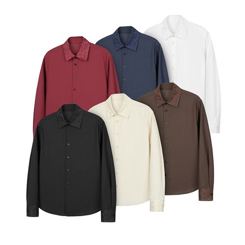 DESERTO 浮雕万针永生花45%亚麻混纺刺绣花领长袖衬衫休闲衬衣男