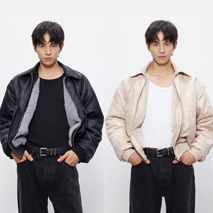 DESERTO 霜冻裂纹皮1500G仿水貂“一件过冬”座山雕PU皮夹克外套