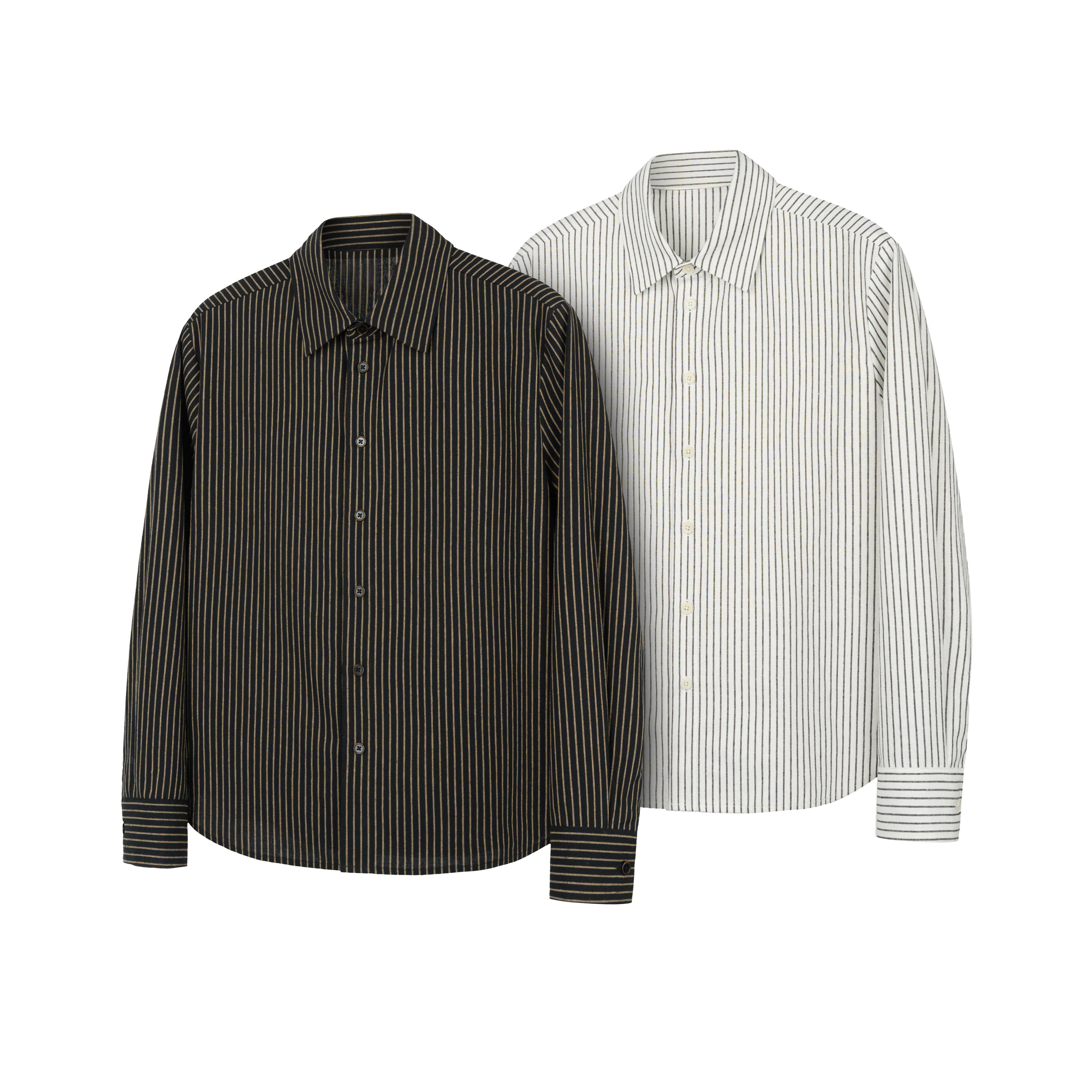 DESERTO 55%亚麻棉麻混纺老钱风条纹正肩翻领衬衫天然果实扣男