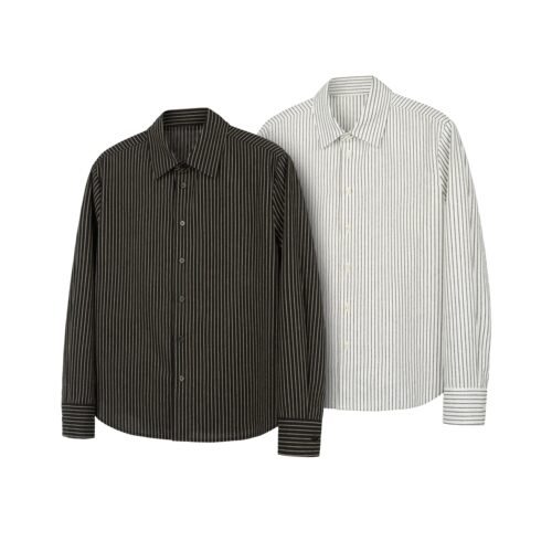 DESERTO 55%亚麻棉麻混纺老钱风条纹正肩翻领衬衫天然果实扣男