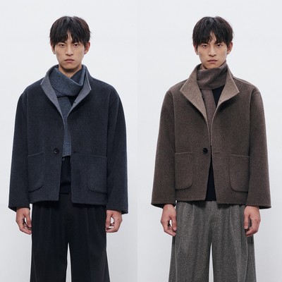 DESERTO 70%羊毛980G重磅双面呢“一衣两穿”双面穿短大衣外套男