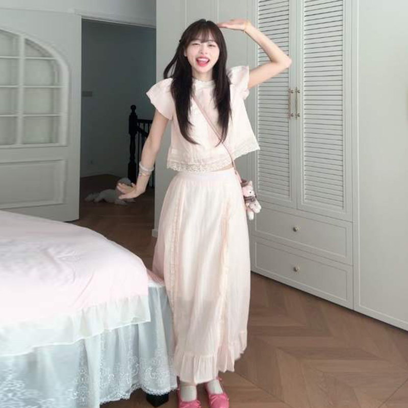 法式甜美温柔风粉色泡泡袖连衣裙子女夏季小个子ootd穿搭长裙套装