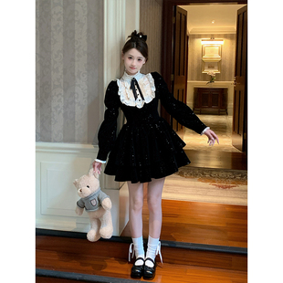 富家千金感气质黑色丝绒连衣裙女秋冬生日公主蛋糕裙收腰蓬蓬裙子