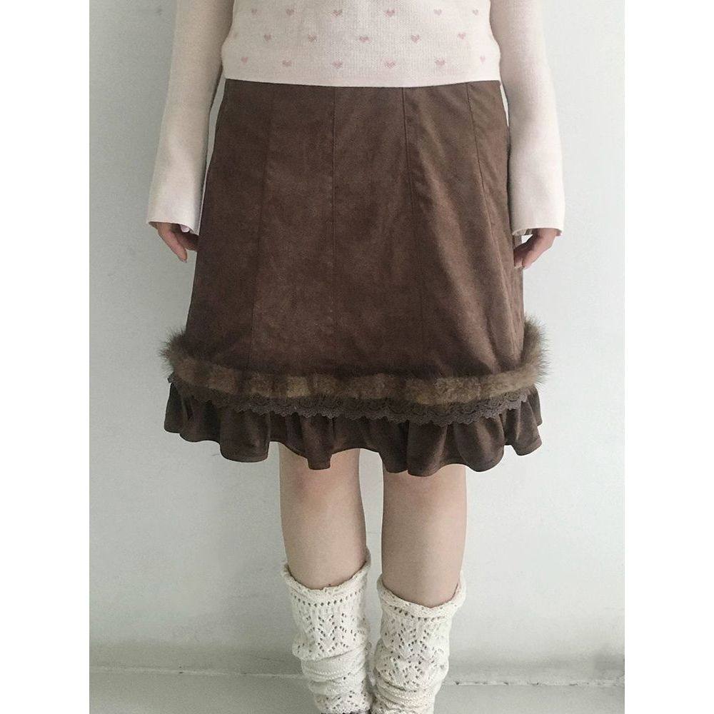 美式复古氛围感秋冬新款蕾丝拼接花边荷叶边半身裙小个子高腰中裙