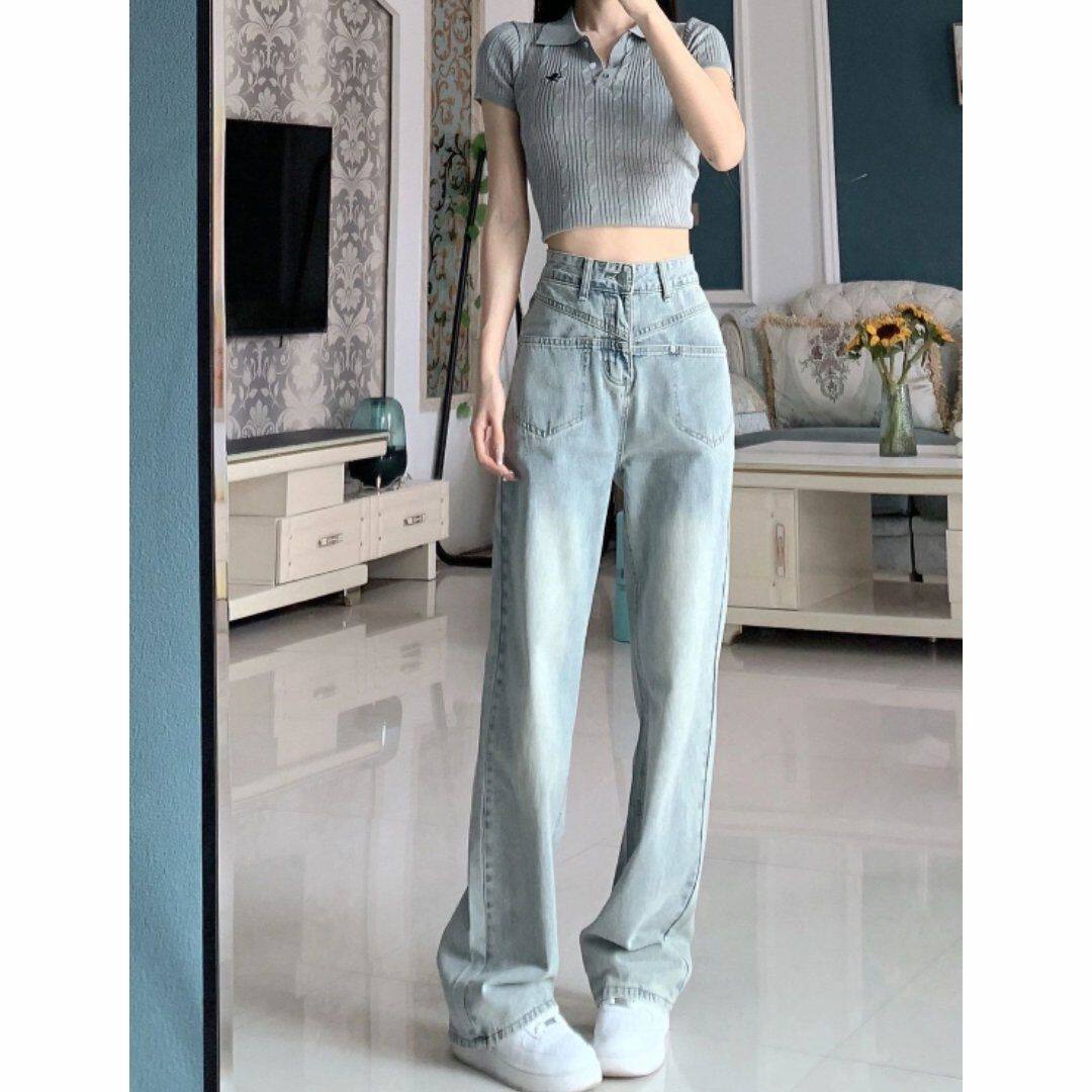 浅蓝垂感大阔腿牛仔裤女春装设计感高腰辣妹小个子宽松直筒拖地裤