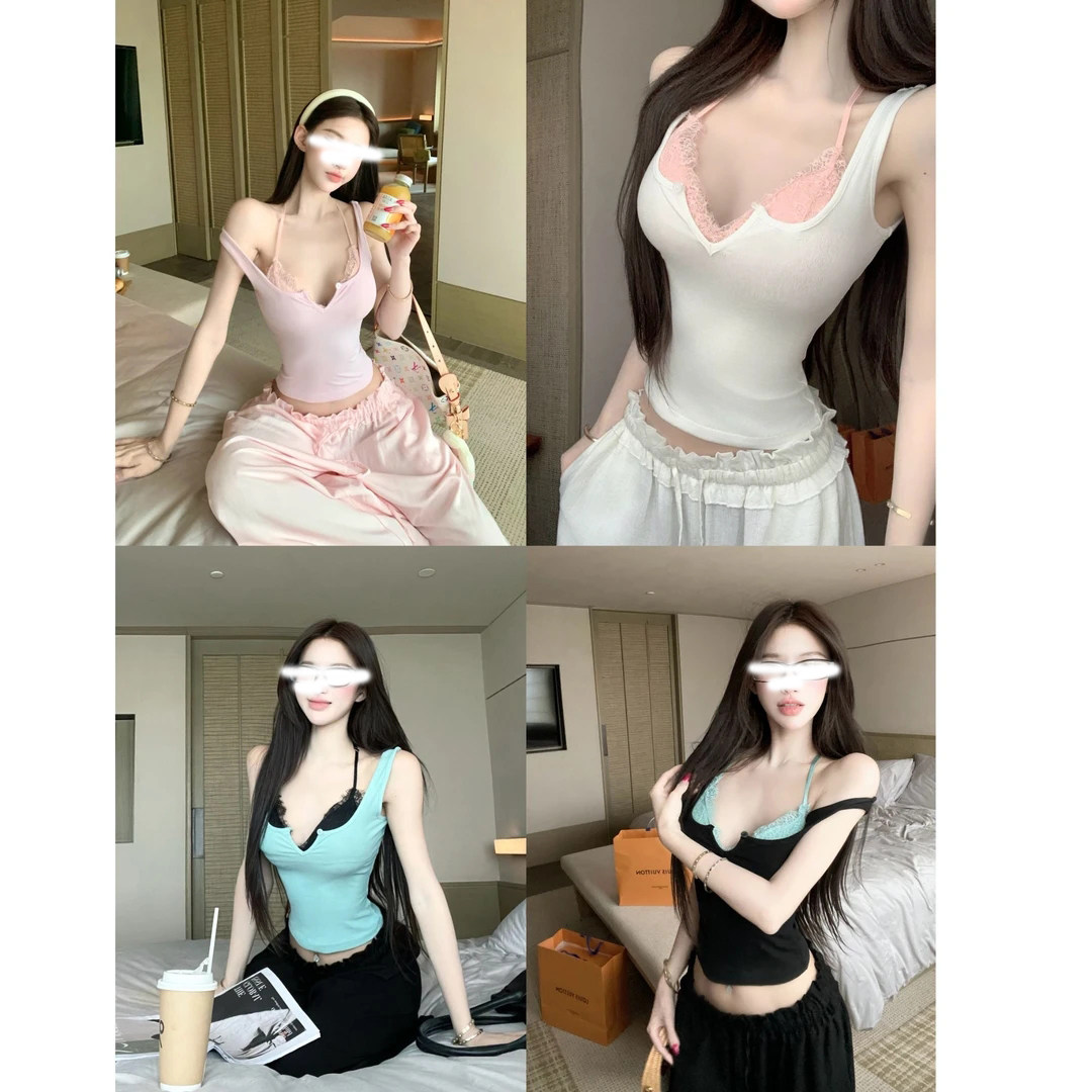 纯欲风V领背心+蕾丝内搭+休闲阔腿裤三件套套装女夏漂亮出片衣服
