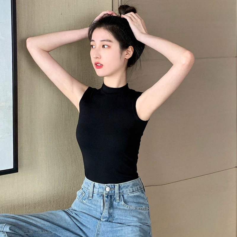 小半高领无袖背心女砍袖打底衫中领紧身百搭白色T恤内搭上衣