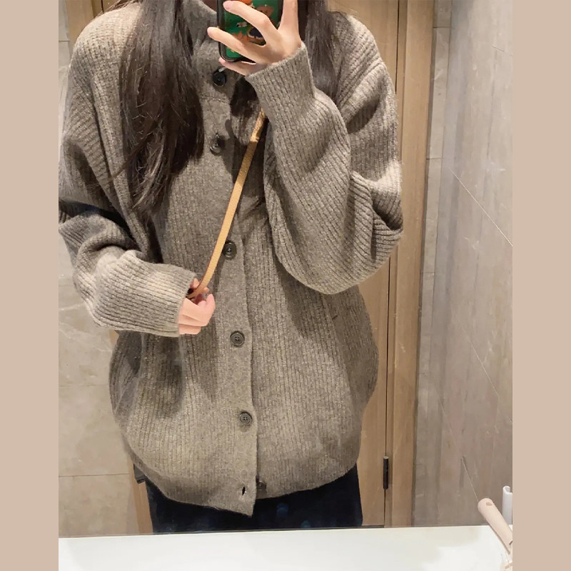灰色宽松高领毛衣女秋冬2026新款早春韩系慵懒风上衣针织开衫外套
