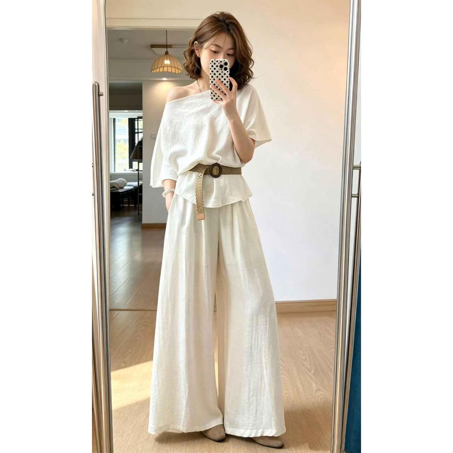 高级感白色夏季亚麻阔腿裤上衣两件套装女2026新款老钱风女装穿搭
