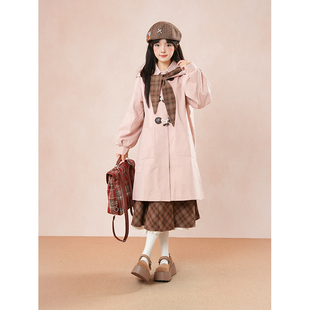 草莓巧巧 秋冬季日系粉色拼格子超好看风衣外套+格子半身裙套装女