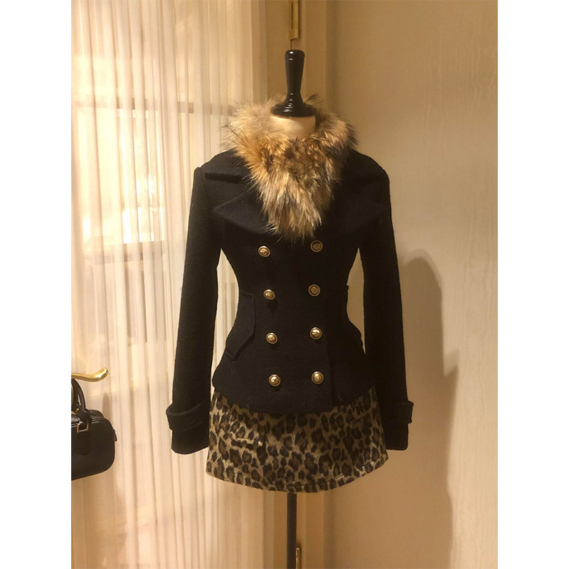 【涩谷辣妹】古早感黑色收腰短款毛呢外套+豹纹A字短裙两件套秋冬,女装/女士精品,时尚套装,淘宝优惠券,粉丝福利购,淘宝优惠卷