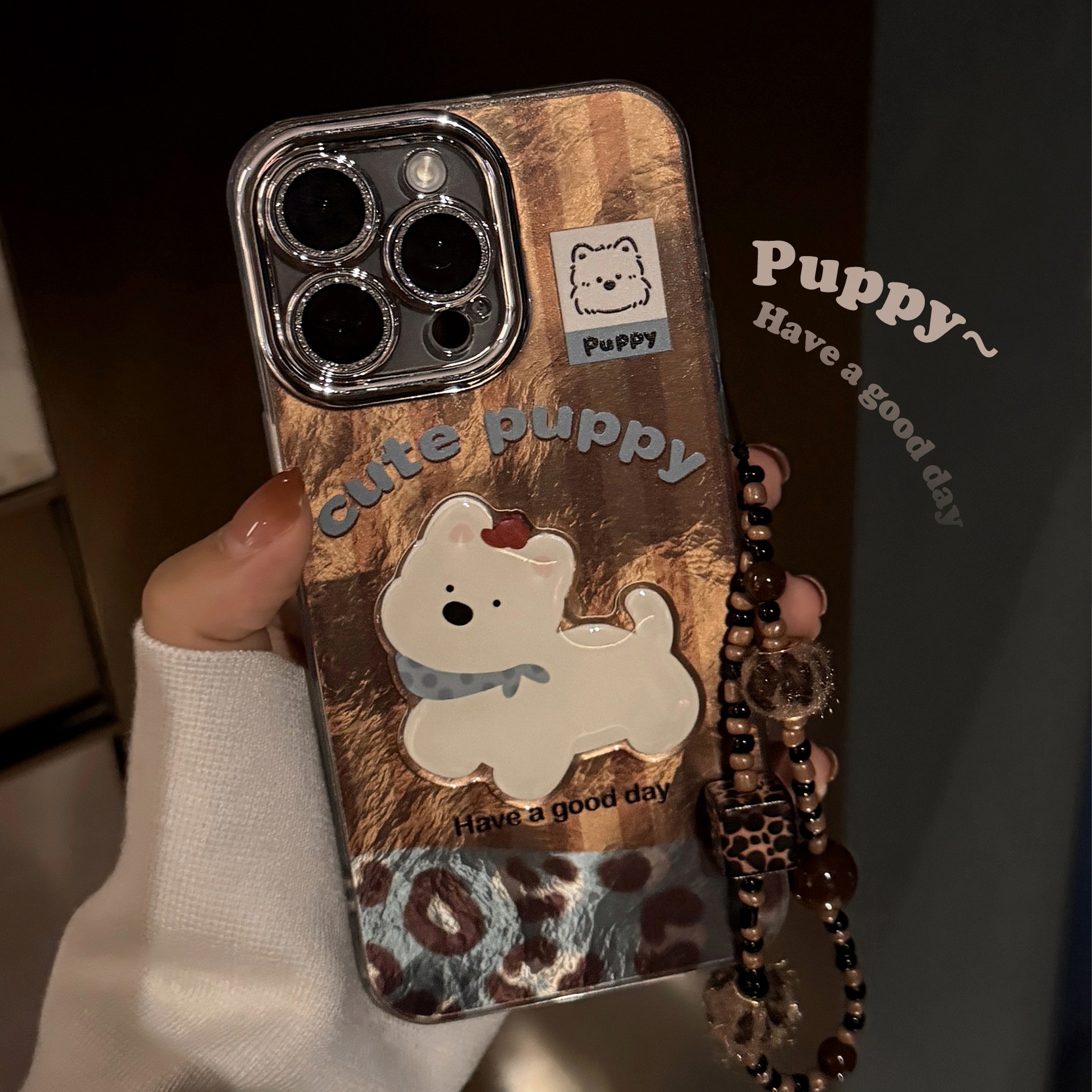 适用iphone16手机壳苹果15promax拼接西高地13豹纹挂绳14复古闪粉
