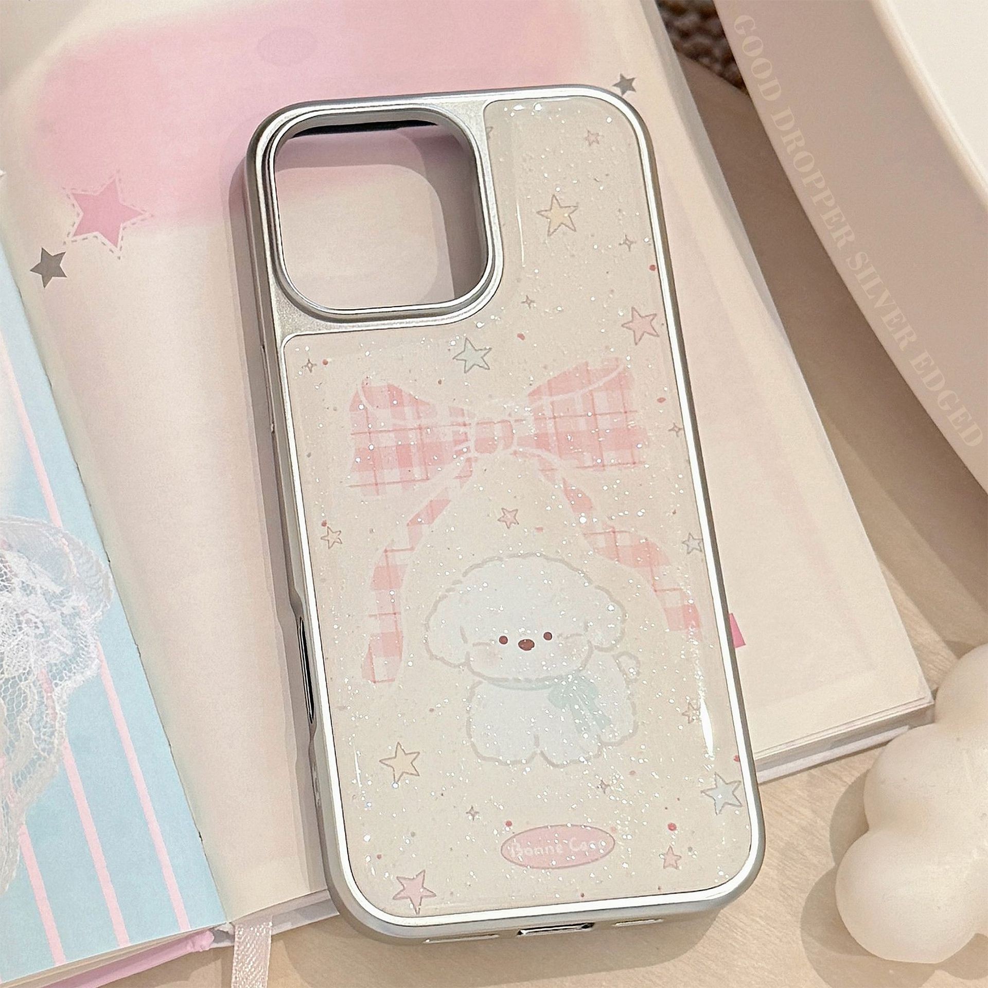 ins蝴蝶结小狗用16苹果15pro max手机壳iphone14滴胶闪粉13硬华为