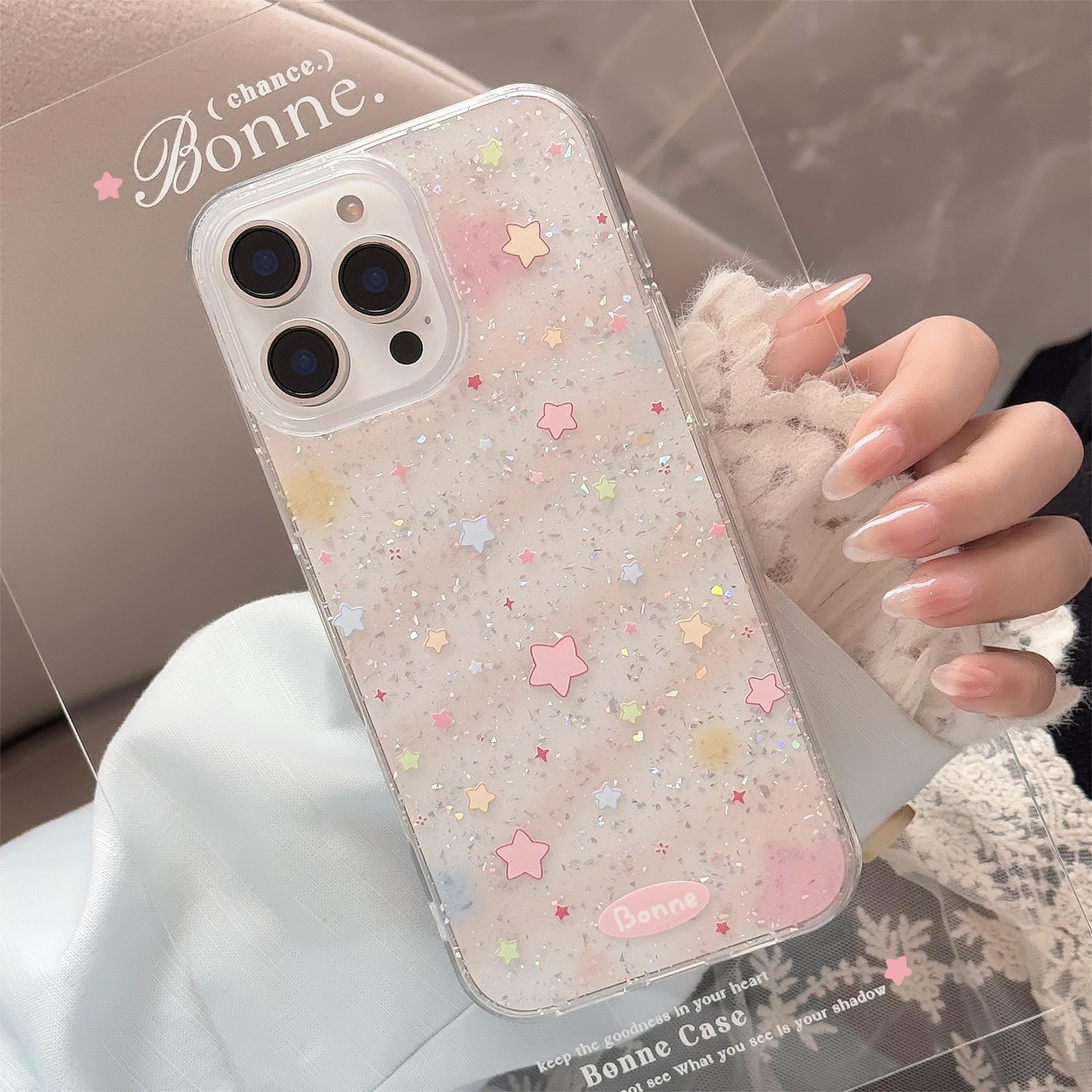 韩系ins粉晕染星星适用苹果16pro max手机壳15代发iphone14闪粉11