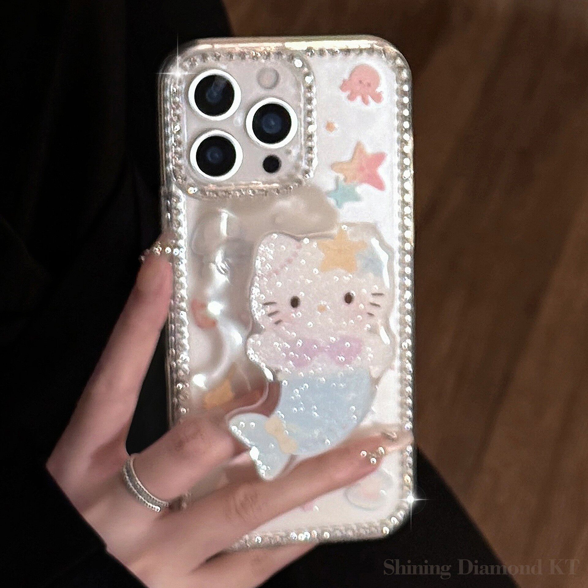 夏日卡通适用苹果16手机壳15promax美人鱼猫咪支架iphone13闪粉11