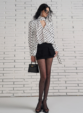 Tu why 原创设计“黑白恋曲”法式复古波点衬衫女上衣飘带衬衣女