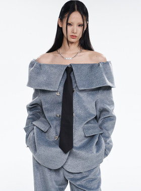 Tu why原创设计西装外套女秋冬一字肩小众高个子露肩毛呢女装套装