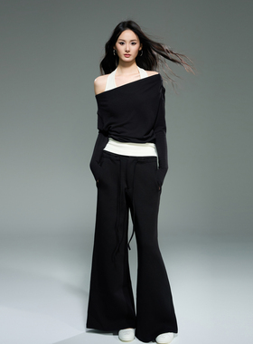 Tu why“秋冬限定”原创小众假两件加绒长袖一字肩挂脖针织上衣