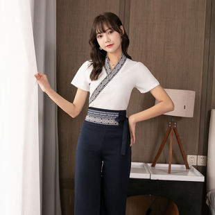 范哲莎美容师工作服新款显瘦足浴足疗按摩浴场上班按摩技师服藏青