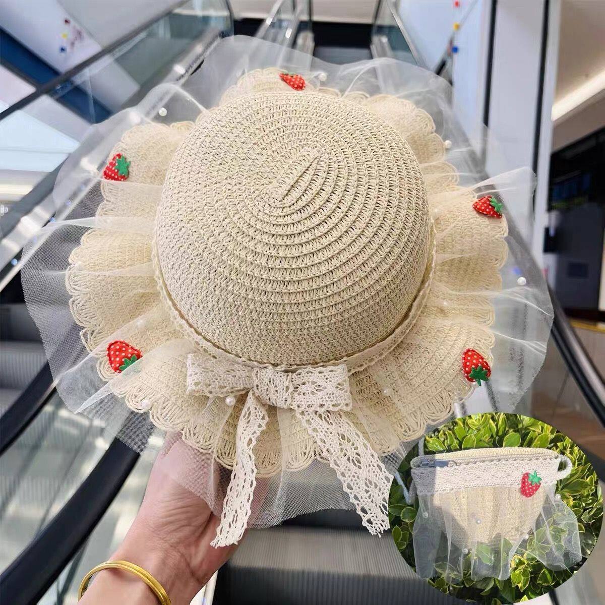 甜美蕾丝珍珠草莓草帽儿童防晒遮阳帽夏季新款女宝海边沙滩太阳帽