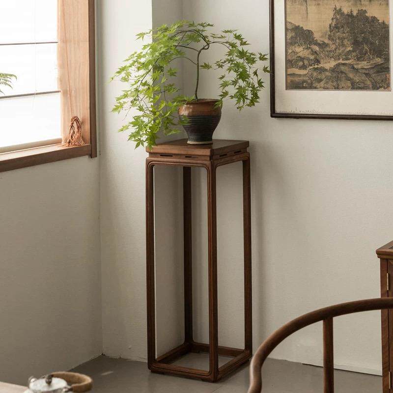 新中式实木花架室内客厅落地式花几置物架黑胡桃木盆景古董展示架