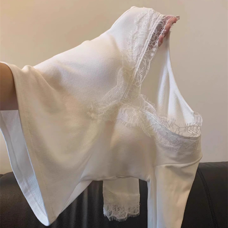 857#人棉v领蕾丝拼接长袖t恤打底衫女内搭气质显瘦上衣法式秋冬款