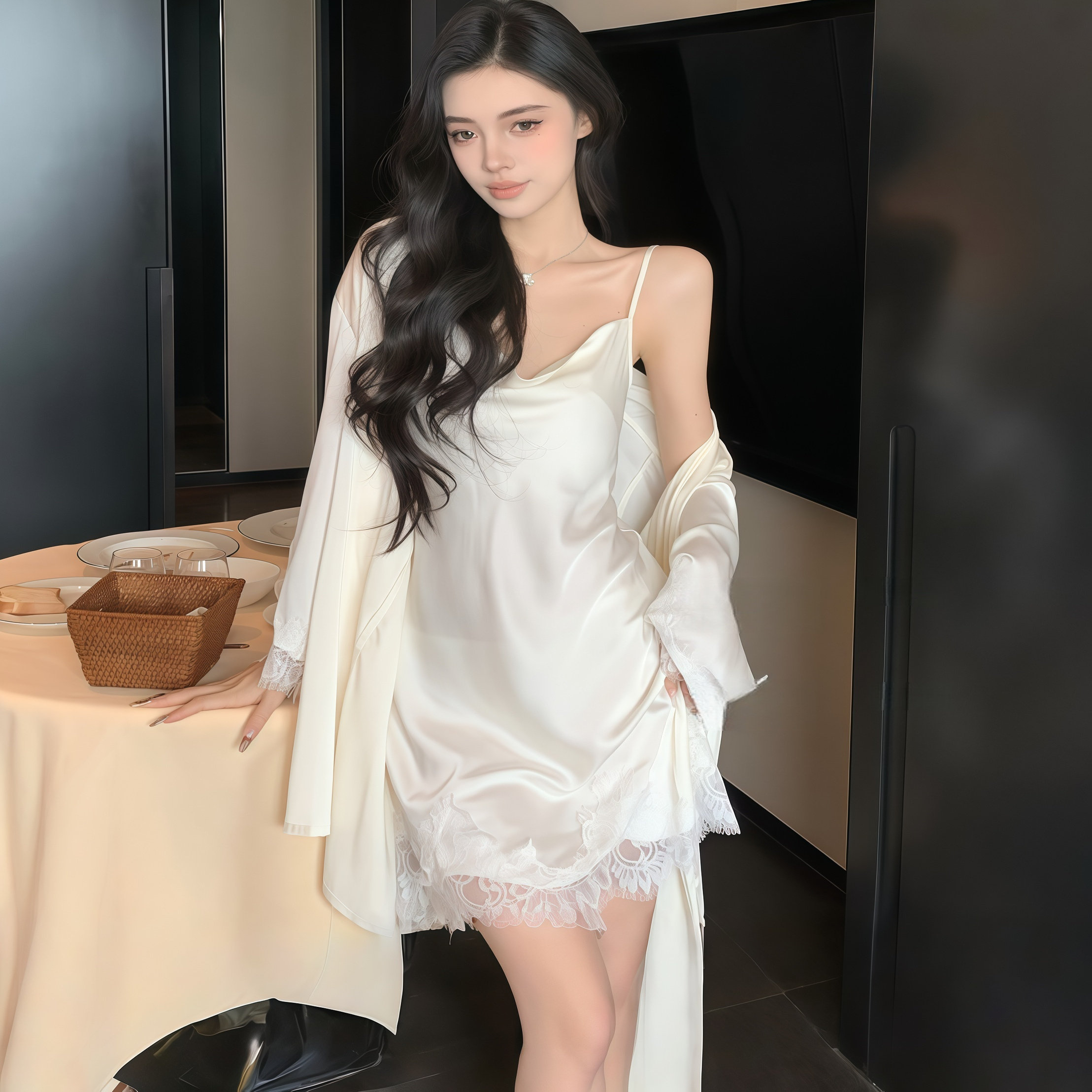 法式真丝睡裙性感荡领套装两件套