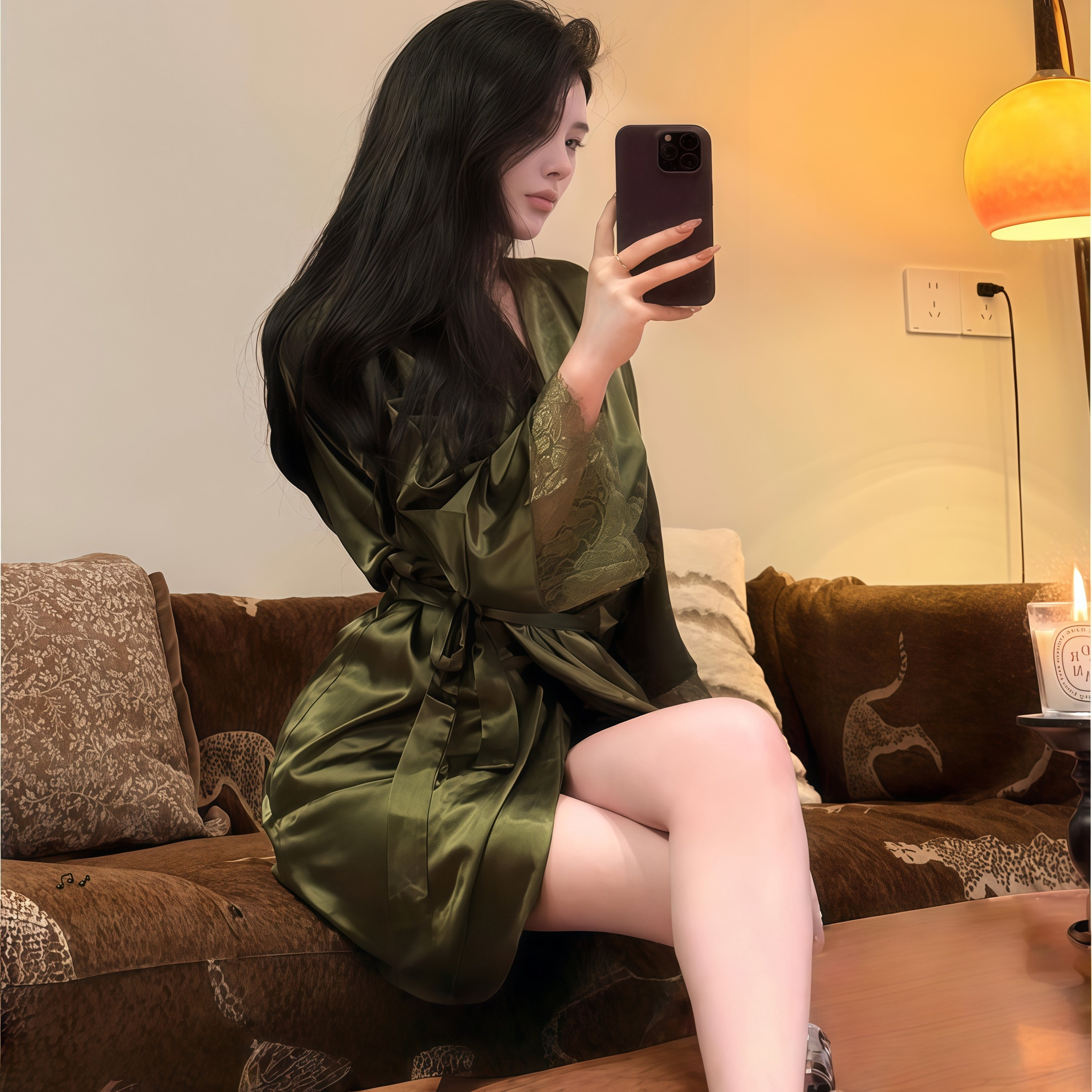 法式真丝睡袍纯色晨袍轻奢高级感贵妇气质高端紫色纯欲蕾丝送闺蜜