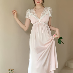 法式真丝睡衣睡裙宫廷风蕾丝短袖长款气质修身高端轻奢送闺蜜礼盒