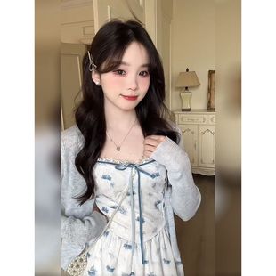 甜美 甜美收腰显瘦连衣裙 法式 女 外搭开衫 两件套温柔碎花套装