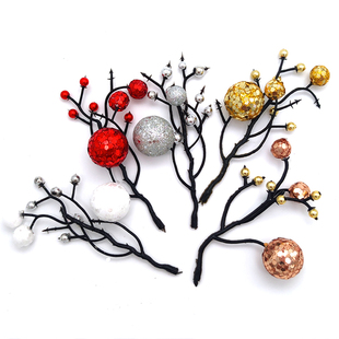 圣诞树挂件镀珠金粉亮片浆果塑料插枝圣诞花环DIY配件圣诞装饰品