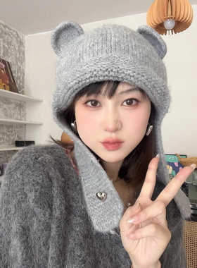 花缘梓日系可爱立体小熊耳朵毛线帽子女秋冬新款保暖针织护耳帽潮