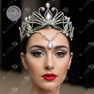 芭蕾额饰皇冠一体冠通用五彩钻珍珠水晶芭蕾变奏头饰手工定制