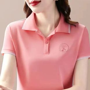 休闲上衣polo衫 官网正品 翻领中年妈妈时尚 棉质短袖 带领 T恤女夏季