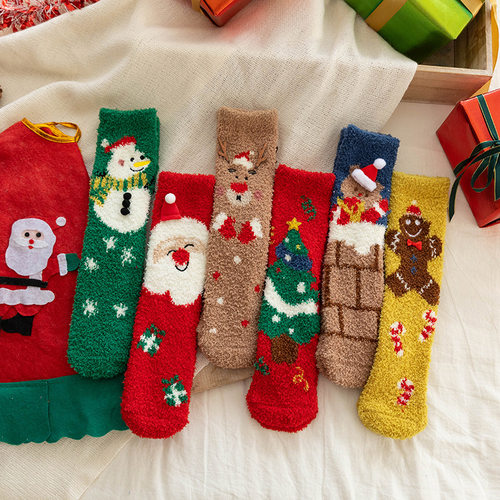圣诞袜子珊瑚绒秋冬季加厚加绒男氛围感女中筒袜保暖防寒袜子