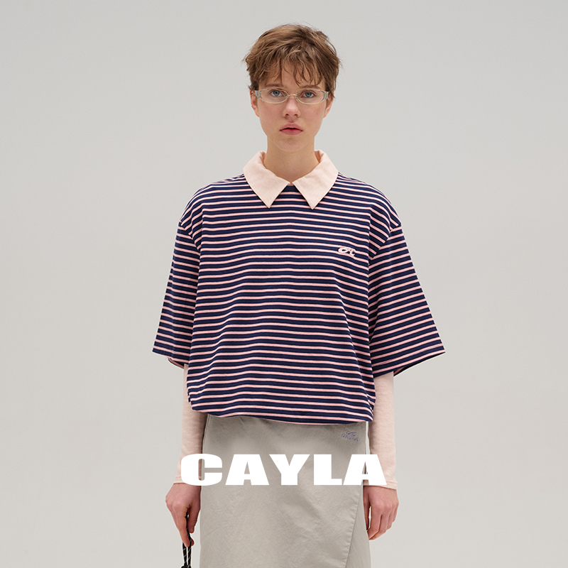 CAYLA撞色条纹刺绣宽松短袖T恤