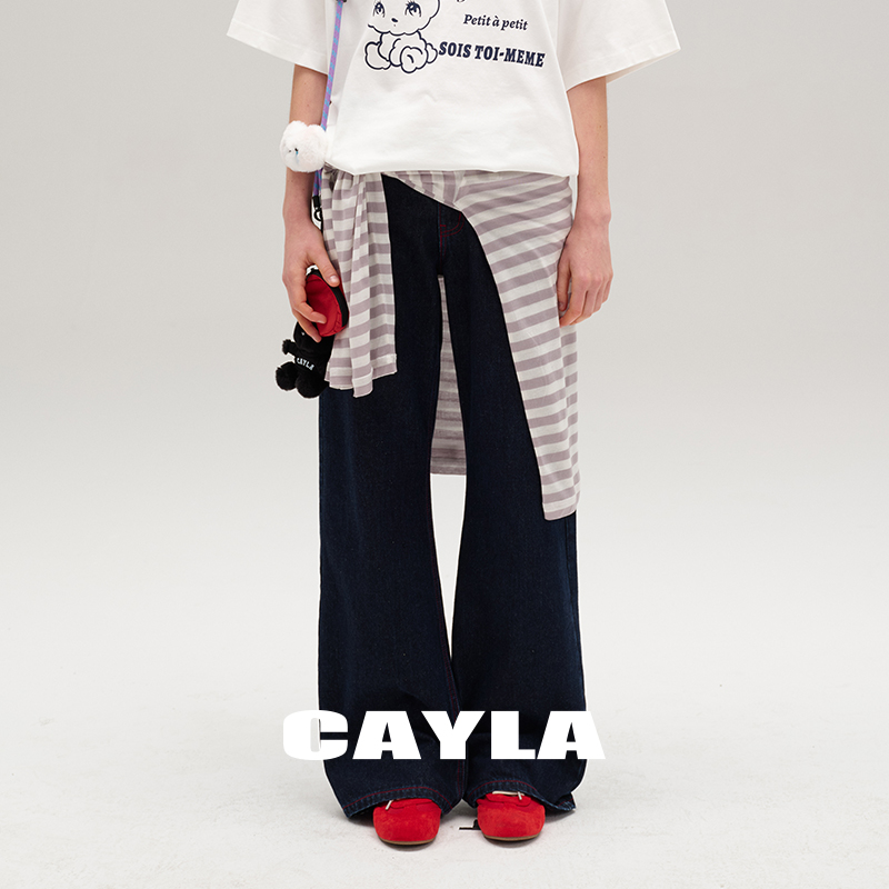 CAYLA撞色缝纫线阔腿弯刀牛仔裤