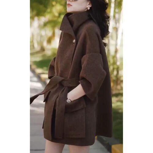 日本george melis秋冬新款时尚系带宽松呢子外套显瘦洋气