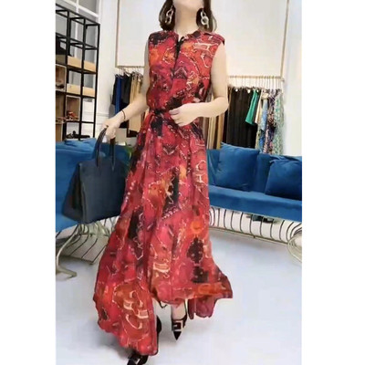 日本george melis夏季新款连衣裙无袖雪纺印花长裙时尚显瘦女