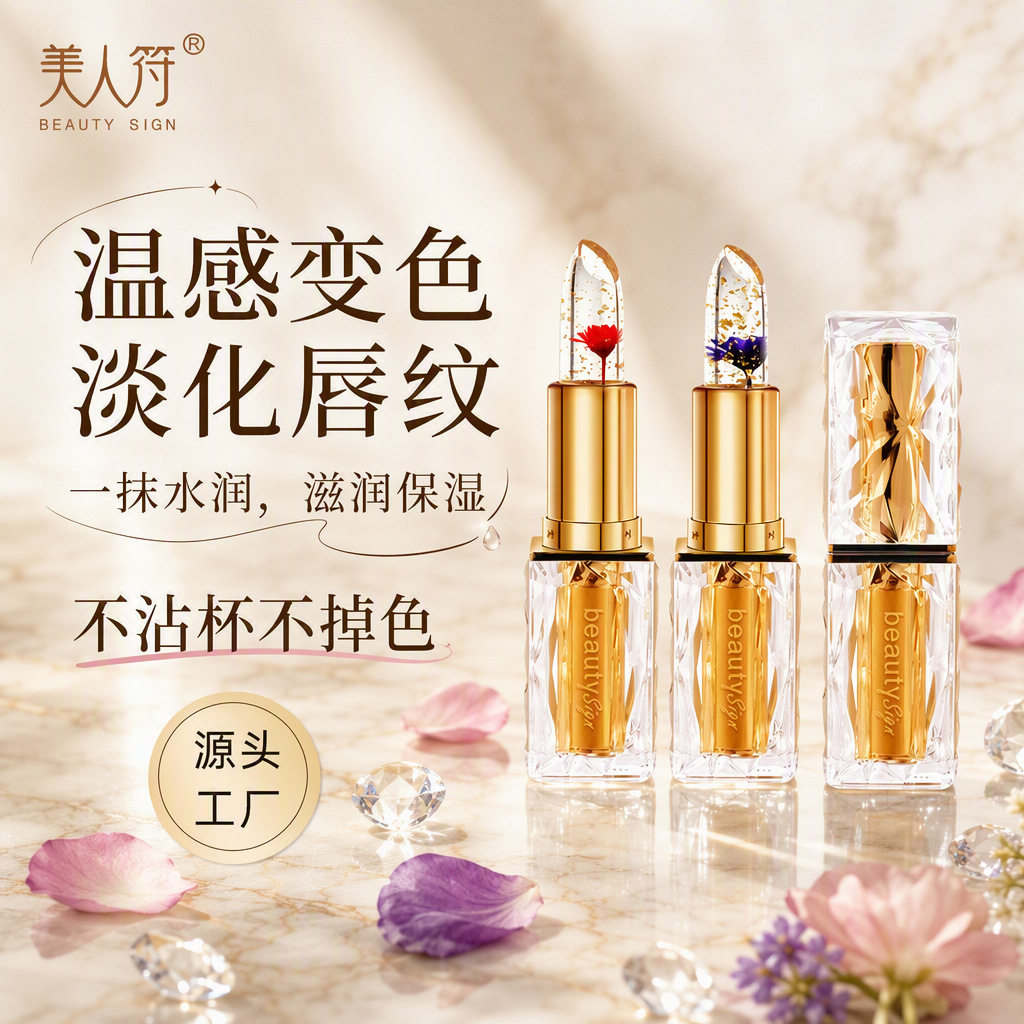 小杨哥推荐美人符水晶花瓣温感变色唇膏不沾杯不掉色保湿滋润淡化