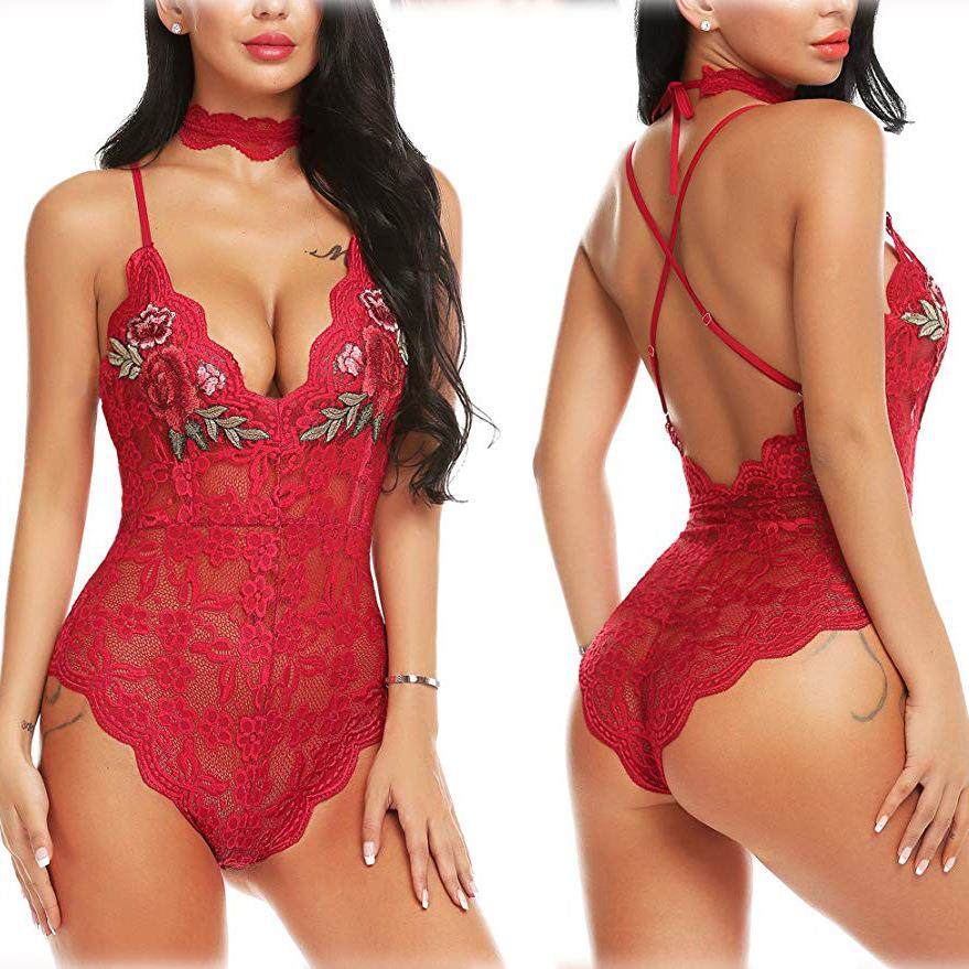 Plus Size Lace Pajamas Sexy Print Sling Lingerie Bodysuit