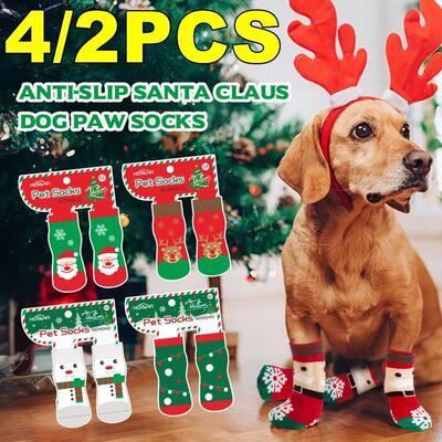 4/2PCS Christmas Dog Socks Anti-Slip Santa Claus Elk Dog Soc