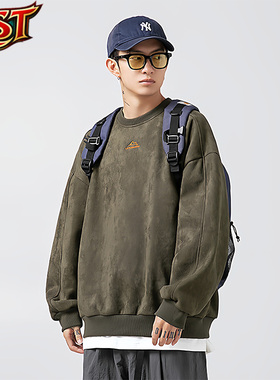 春季新款350G质感麂皮绒圆领卫衣男分割设计重磅复古潮牌刺绣上衣